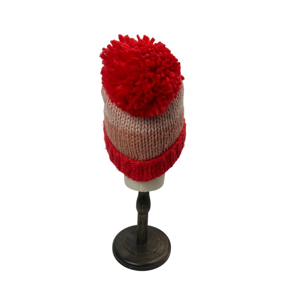 Kate Spade New York‎ Pom Pom Beanie Hat Striped Wool Blend Red Pink - Picture 6 of 7